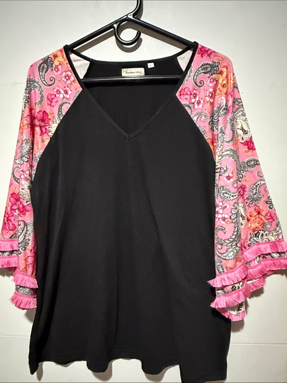 Black V-Neck Tunic with Pink Paisley Raglan Sleeves